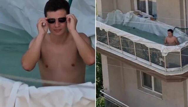 Yaz sıcağına “Mühendis” çözümü! Balkonunu devasa bir havuza çevirdi