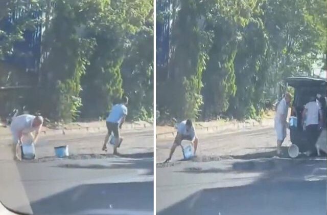 Yola yeni dökülen sıcak asfaltı kovalarla çaldılar