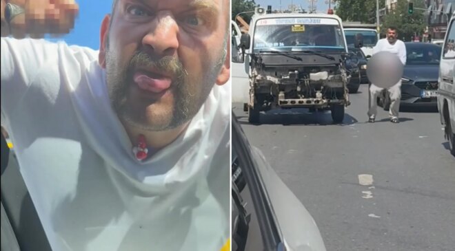 Trafik magandasından iğrenç hareketler! Önce dilini çıkardı, sonra cinsel organını gösterdi