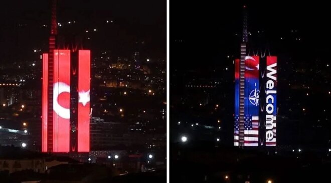 Ankara’da NATO üyesi ülkelerin bayrakları binaya yansıtıldı