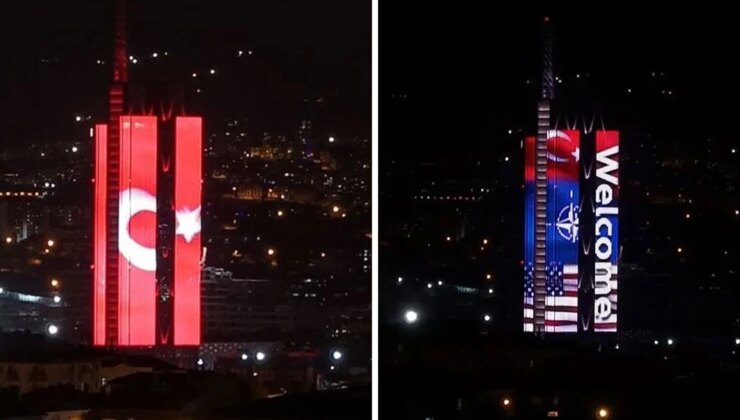 Ankara’da NATO üyesi ülkelerin bayrakları binaya yansıtıldı