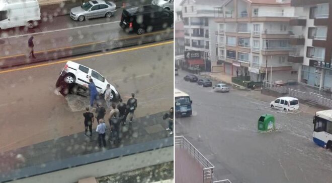 Ankara felç oldu: Yol çöktü, araç çukura düştü