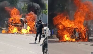 Çakmak yüklü hafif ticari araç, alev alev yandı