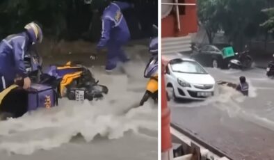 Çekmeköy’de motokuryeler sel sularına kapıldı