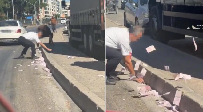 Çuvalla taşıdıkları para yola saçıldı! Yaşanan panik kamerada