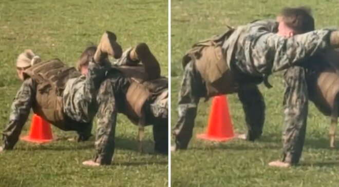 Kadın partnerinin bacak arasına kafası sıkışan askerin zor anları