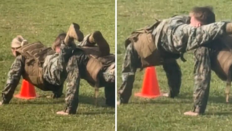 Kadın partnerinin bacak arasına kafası sıkışan askerin zor anları