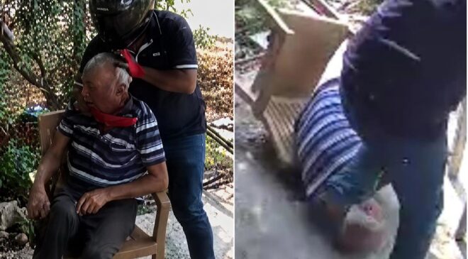 Kask ve eldivenle geldi, yaşlı adamın boynunu kırmaya çalıştı! Dehşet anları kamerada
