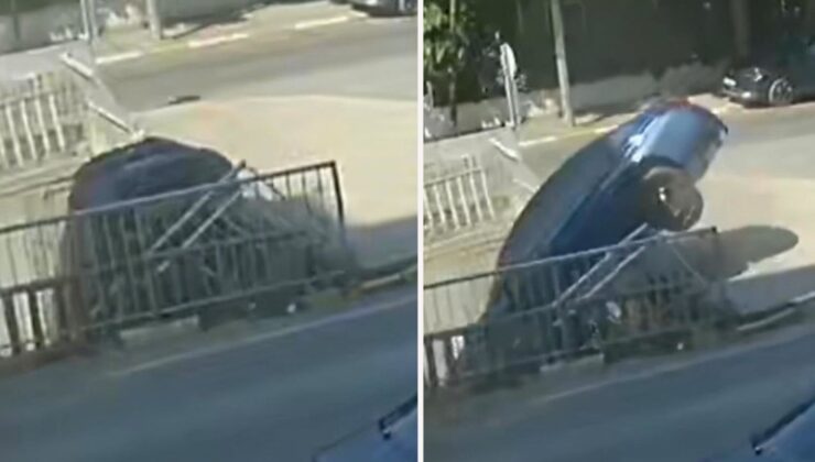 Pendik’te otomobil dereye düştü; kaza kamerada