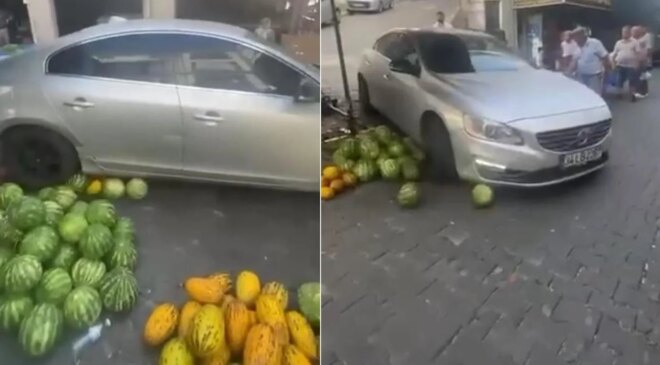 Lüks araç pazarcının emeğini ezdi geçti