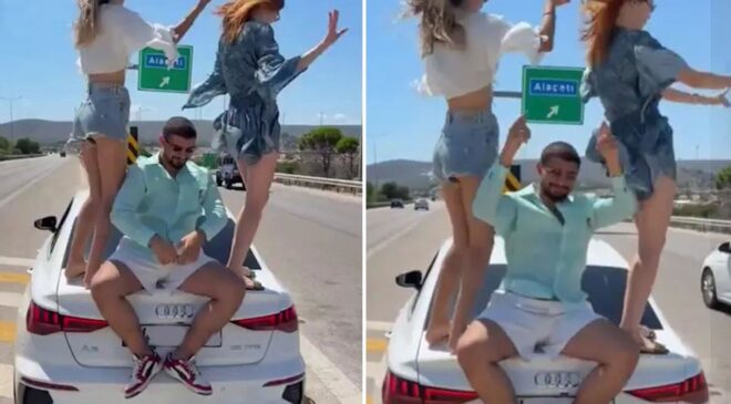 İzmir-Çeşme Otoyolu’nda akılalmaz görüntü: Araç üzerinde dans edip paylaştılar