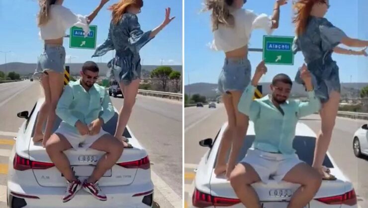İzmir-Çeşme Otoyolu’nda akılalmaz görüntü: Araç üzerinde dans edip paylaştılar
