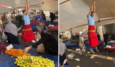 Rüzgar pazarcıyı uçurdu: Metrelerce havaya yükseldi