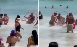 Sahilde eşine acımasızca saldıran adamı çevredekiler darp etti