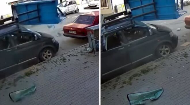 Eşya taşıma asansörünün minibüsün üzerine devrildiği anlar kamerada