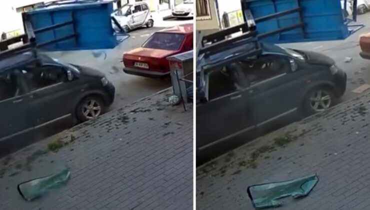 Eşya taşıma asansörünün minibüsün üzerine devrildiği anlar kamerada