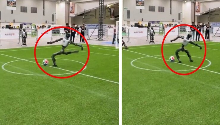 Şut çekmek isteyen robot kendisini sakatladı