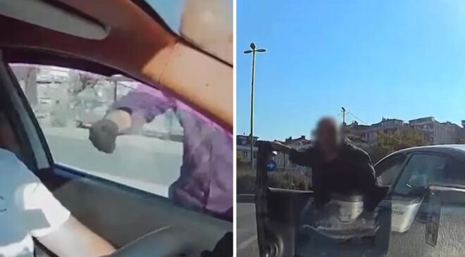 Taksicinin önünü kesip aracını yumrukladı: Saldırı anı anbean kaydedildi