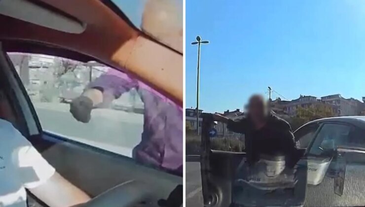 Taksicinin önünü kesip aracını yumrukladı: Saldırı anı anbean kaydedildi