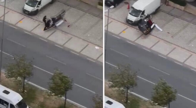 İstanbul’da fırtına nedeniyle yürüyen yayanın üzerine tabela devrildi