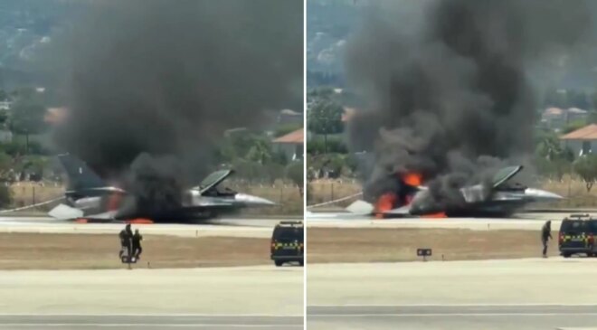 Yunan F-16 uçağı havada yandı! Acil inişten saniyeler sonra alev topuna döndü