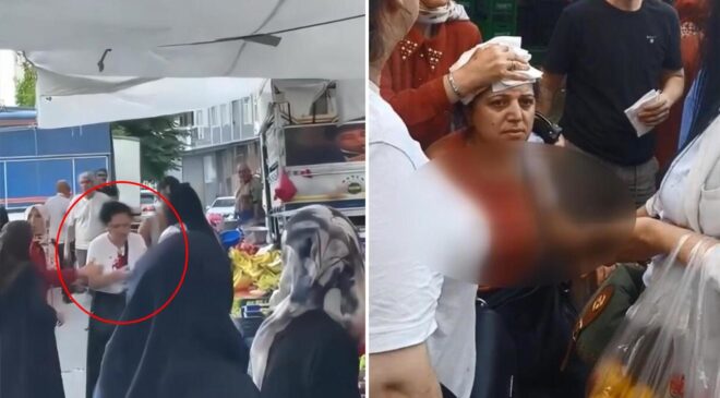 Görüntüler semt pazarından: “Armut” kavgasında kadının kafasını kalasla kırdı