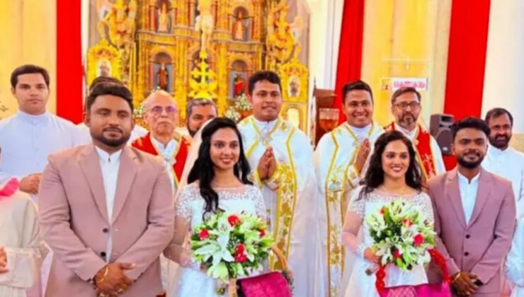 İkiz rahipler ve ikiz kilise görevlilerinin yönettiği düğünle ikizler evlendi