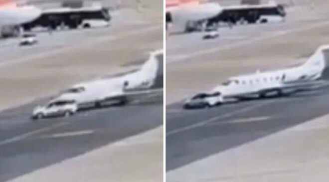 Havalimanında korku dolu anlar: Otomobil pistteki özel uçağa çarptı!
