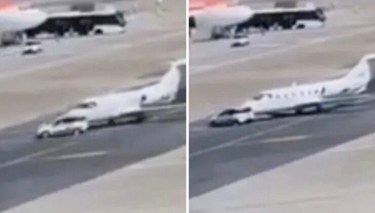 Havalimanında korku dolu anlar: Otomobil pistteki özel uçağa çarptı!