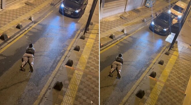 İstanbul’da ilginç görüntü! Yolun ortasına yatıp telefonuyla oynadı