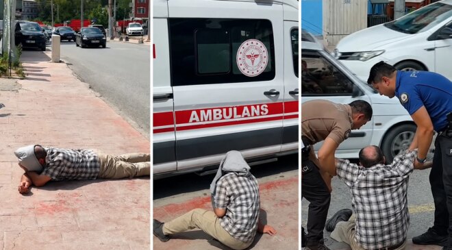 Kaldırımda sızan alkollü vatandaş ekiplere zor anlar yaşattı