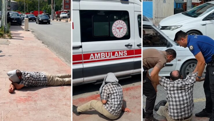 Kaldırımda sızan alkollü vatandaş ekiplere zor anlar yaşattı