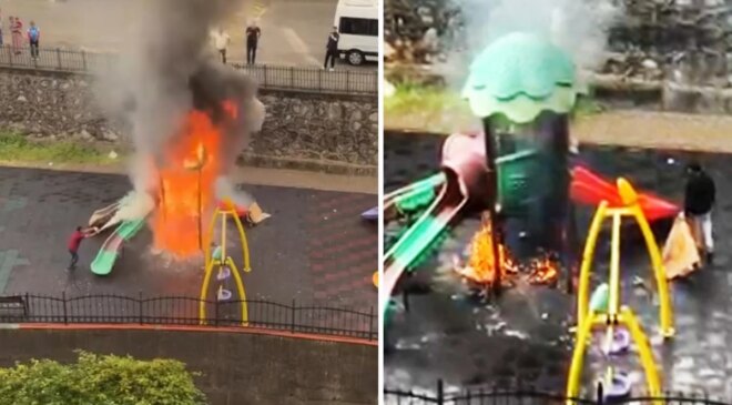 Zonguldak’ta ‘üşüdüklerini’ öne süren çocuklar kaydırağı ateşe verdi