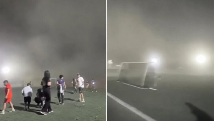 Fırtına sahayı toz bulutuna boğdu, maç yarıda kaldı