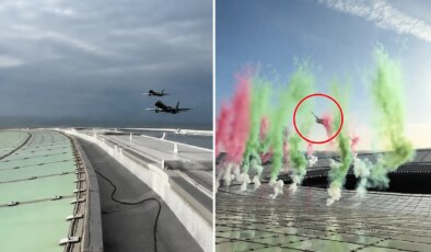 Yürekleri ağza getiren şov: İki yolcu uçağı stadyumun üzerinde birbirine teğet geçti