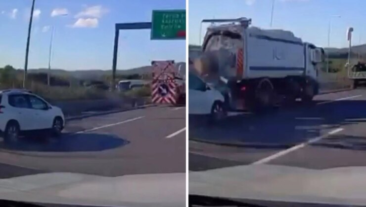 Çekmeköy’de otomobilin yol işaretleme aracına çarptığı kaza kamerada