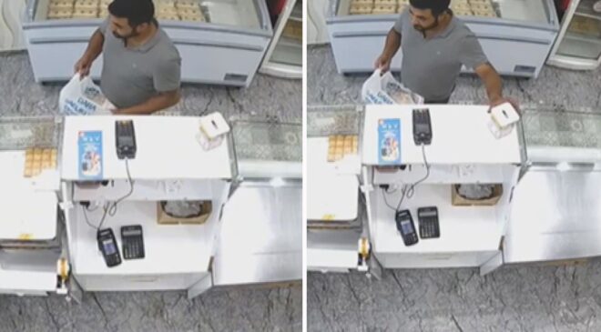 Esenler’de tatlıcı dükkanından sadaka kutusunu çalan şüpheli kamerada