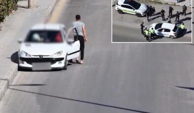Denetimi görünce yer değiştirdi, dron saniye saniye kaydetti