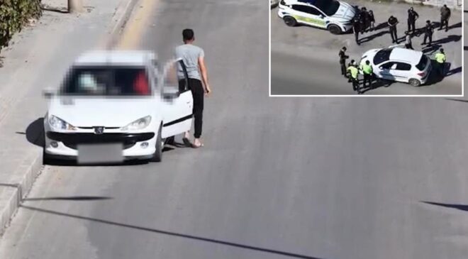 Denetimi görünce yer değiştirdi, dron saniye saniye kaydetti