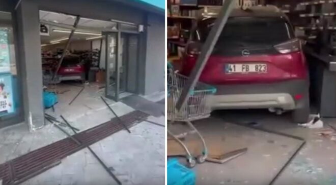İzmit’te kontrolden çıkan otomobil markete daldı! Çalışanlar ile müşteriler dehşeti yaşadı