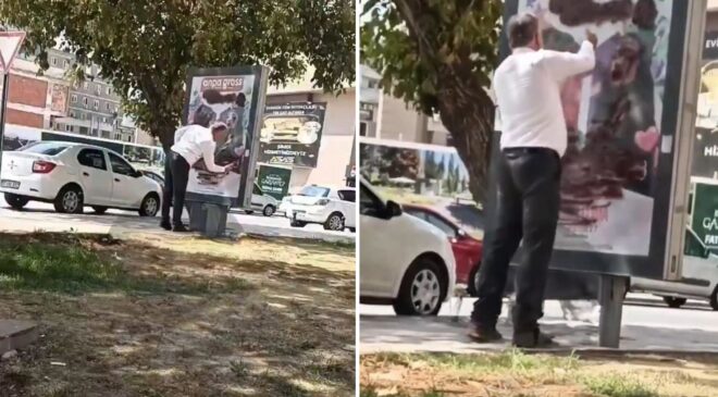 Reklam panosundaki afişi sprey boya ile kapattı! Gerekçesi de olay kadar ilginç