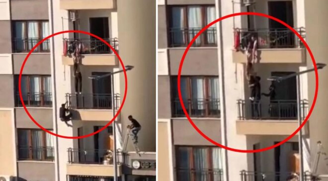 Balkondan düşmek üzere olan çocuğu korkuluklara tırmanarak kurtardı