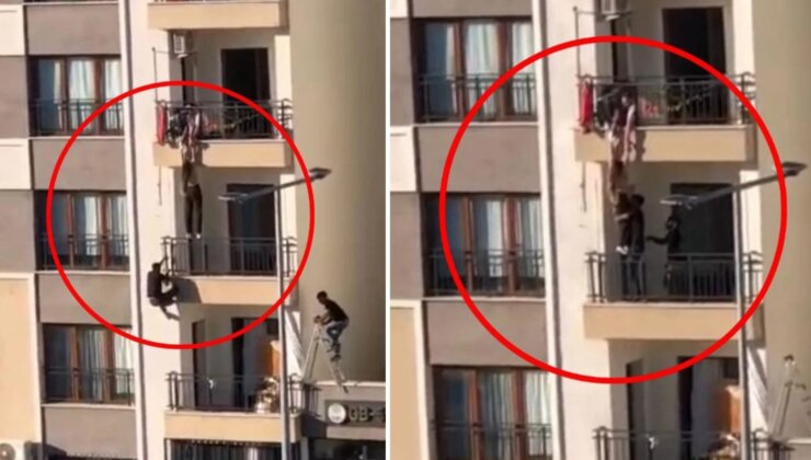 Balkondan düşmek üzere olan çocuğu korkuluklara tırmanarak kurtardı