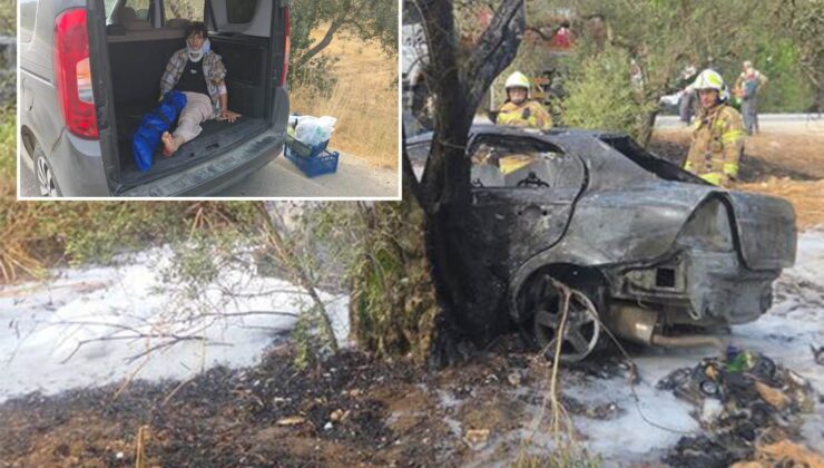 Bursa’da korkunç kaza! Ağaca çarpan otomobil alev aldı